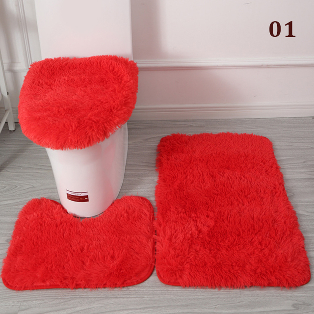 Solid Color Plush Bathroom Mat Set Fluffy Hairs Bath Carpets Modern Home Toilet Lid Cover Rugs Kit Rectangle Floor Mats