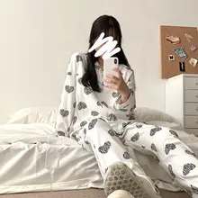 

Fernan Heart Print Pajamas Women Autumn White Pijama Korean Kawaii Sleepwear Bedroom Set 2 Piece Pyjamas Loungewear Nightie Suit