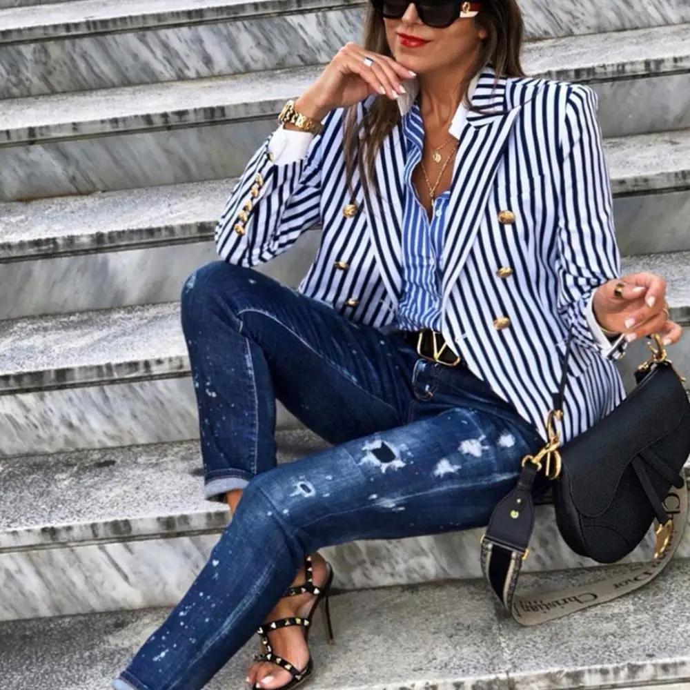 New Black Blue Striped Blazer Women 