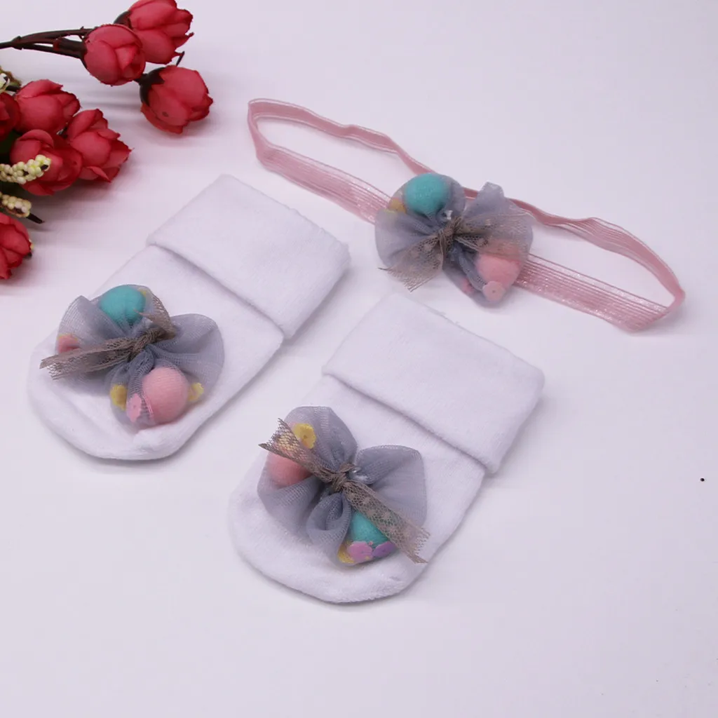 Носки для малышей, нескользящие носки для новорожденных, хлопковые детские носки, милые теплые носки для зимы+ 1 шт., носки для маленьких девочек с поясом для волос