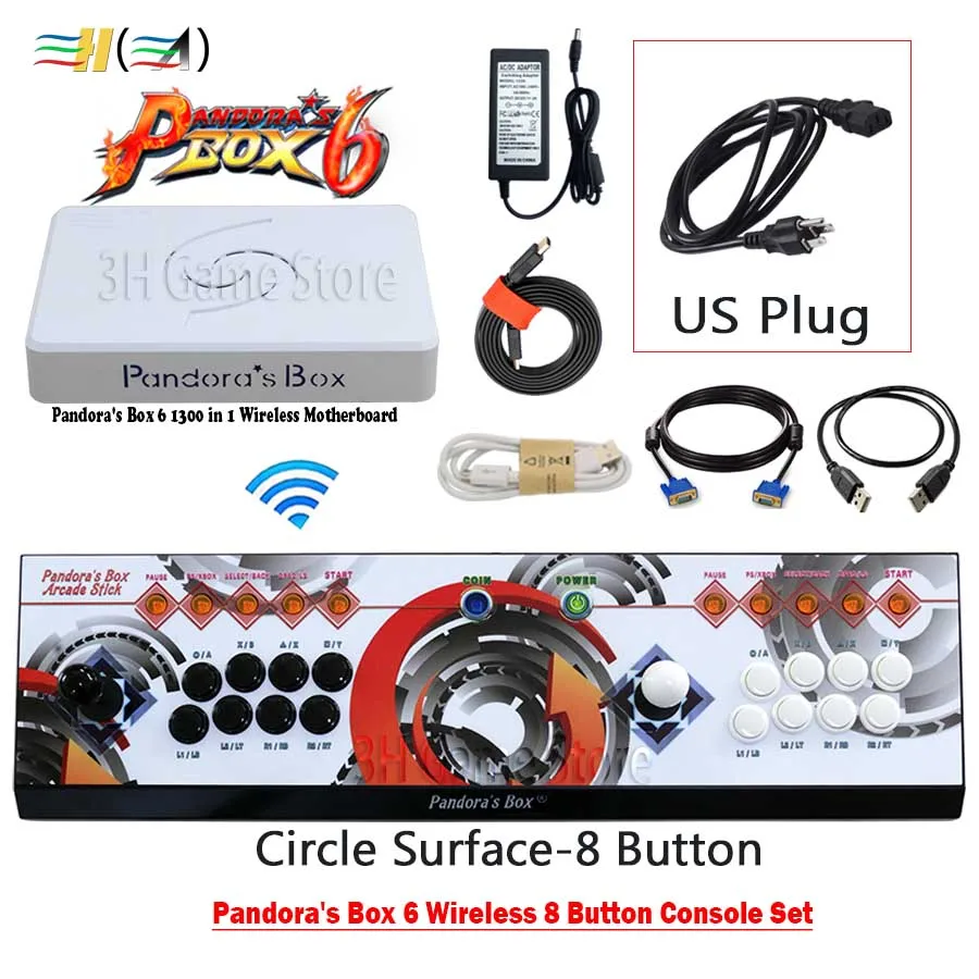 8b wireless circleUS Pandora box 6 1300 в 1 беспроводной 8 кнопочный Аркадный Игровой джойстик 2 игрока железная консоль может добавить 3000 игр Поддержка 3d fba mame ps1 - Цвет: 8b wireless circleUS