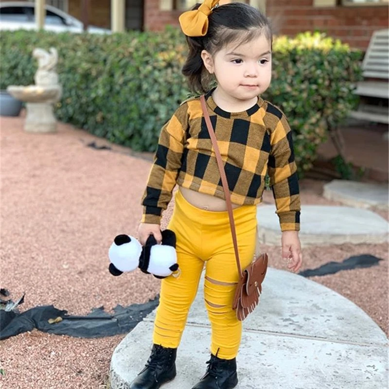 

Autumn Toddlers Clothes Set Girls Sweet Style Plaid Pattern Long Sleeve Round Collar Top + Solid Color Ripped Trousers Kit