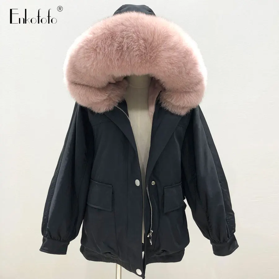 

2019 Fashion Winter Jacket Women Real Fur Coat Natural Real Fox Fur Collar Rabbit Fur Liner Loose Long Parkas Big Fur Outerwear