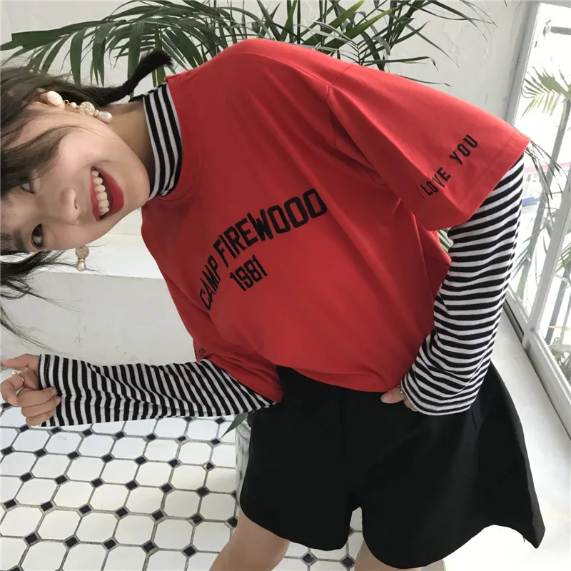 Осень корейский ulzzang Harajuku стиль свободные дикие поддельные из двух частей сшивание полосатый с длинными рукавами футболки женщин