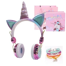 Funny Kids Headset Colorful Diamond Unicorn Headphones Music Stereo Wired Earphones With Gifts Box Christmas Brithday Gifts