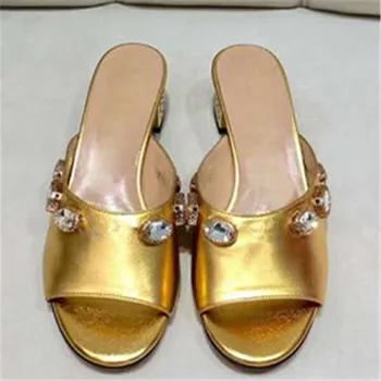 

2019 Crystal Slippers Rhinestone Sandals Women Genuine Leather Flats Flip Flops Bling Square Heels Peep Toe Thick Shoes Women