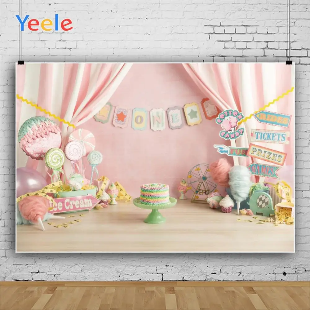 

Yeele Happy Birthday Cake Candy Pink Curtain Wood Flooring Background Backdrop Photophone Photo Studio for Decor Customized Size