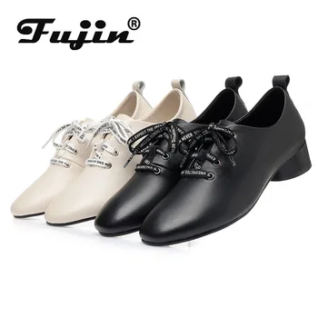 

Fujin 2020 Single Shoes Women's Autumn Winter Round Toe High Heels Chunky Heel Shoes Leather Lace Up Fashion Women's Shoes