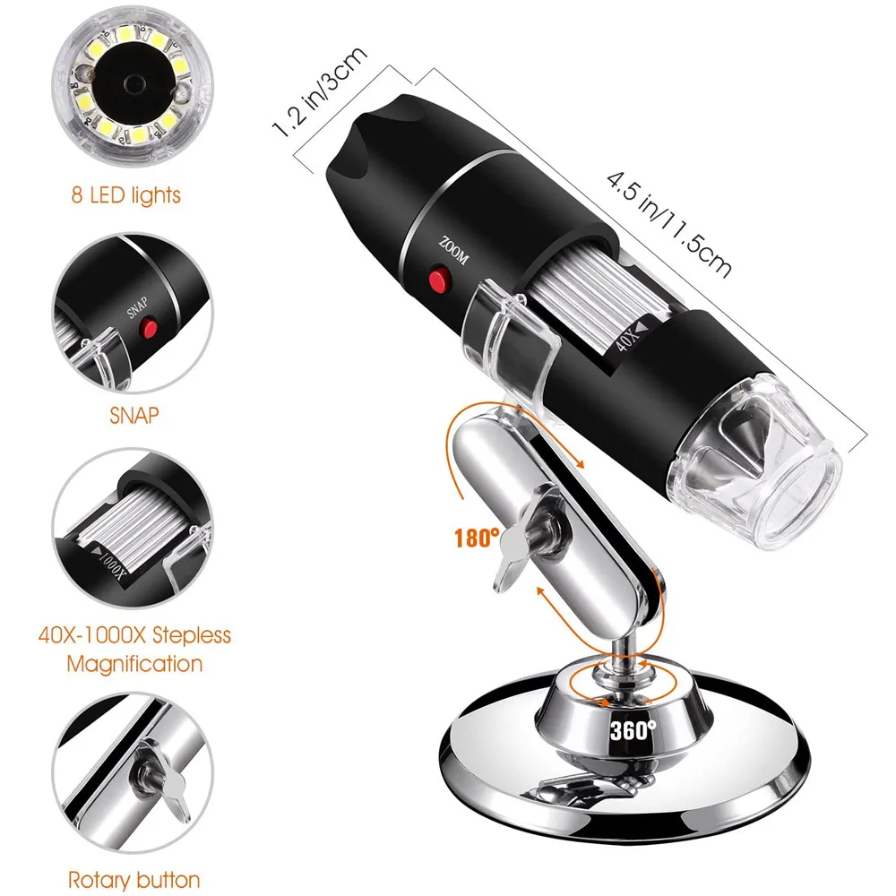 USB Digital Microscope 40X to 1000X Bysameyee 8 LED Magnification Endoscope Camera with Carrying Case & Metal Stand