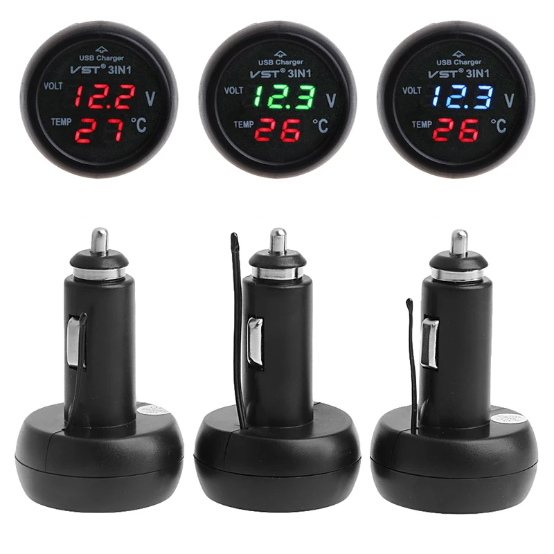 

3in1 Auto Digital LED Thermometer USB Car Charger Cigarette Voltmeter Meter 12V/24V Auto Interior Parts Cigarette Lighter