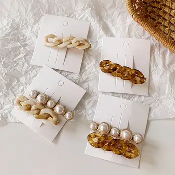 

Women Imitation Pearl Jewelry Hair Clip Geometric Plastic Chain Duckbill Hairpin