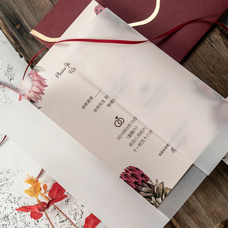  50PCS Wedding invitation custom invitation DIY wine red European retro Phnom Penh envelope sulfate  - 10000008372773