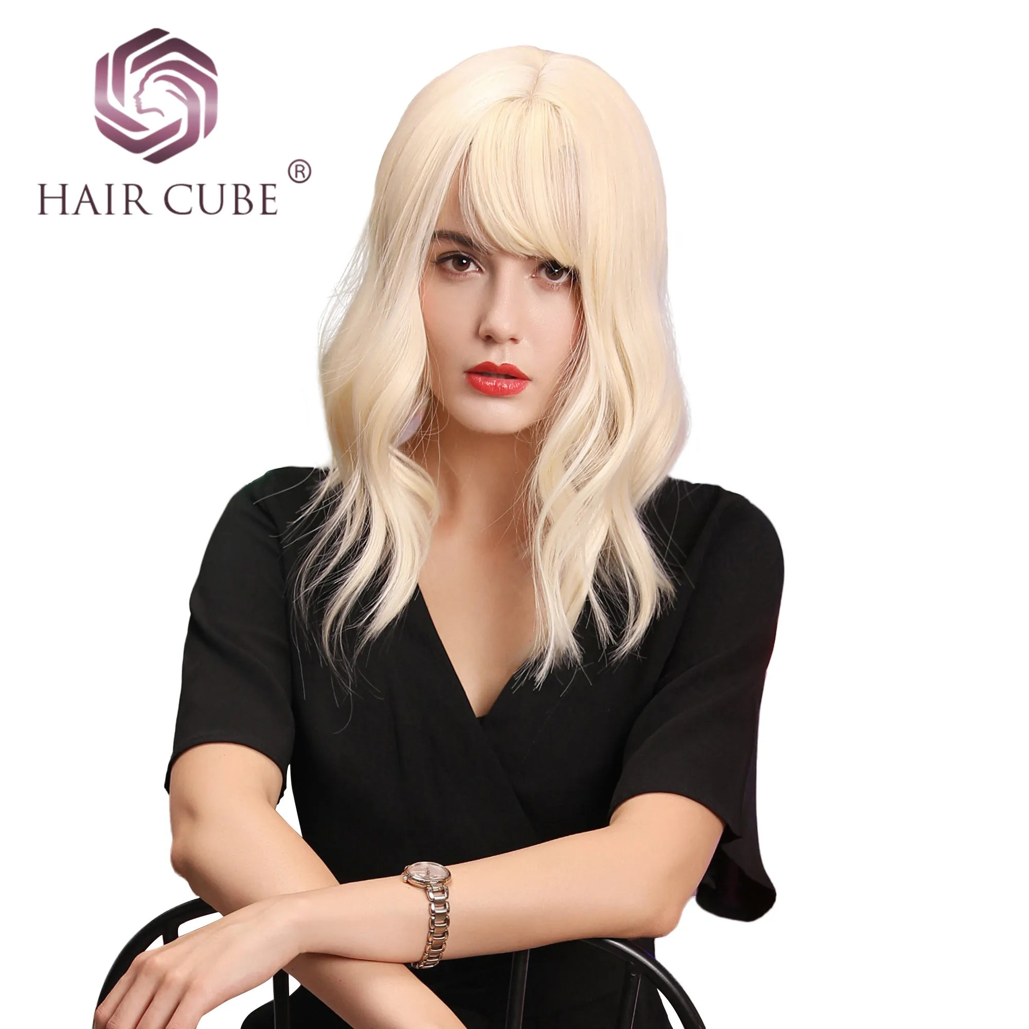 

Haircube 14 Inch Short Wavy Wigs for Black Women African American Synthetic Hair Wigs with Bangs Heat Resistant Wig 4 Colors