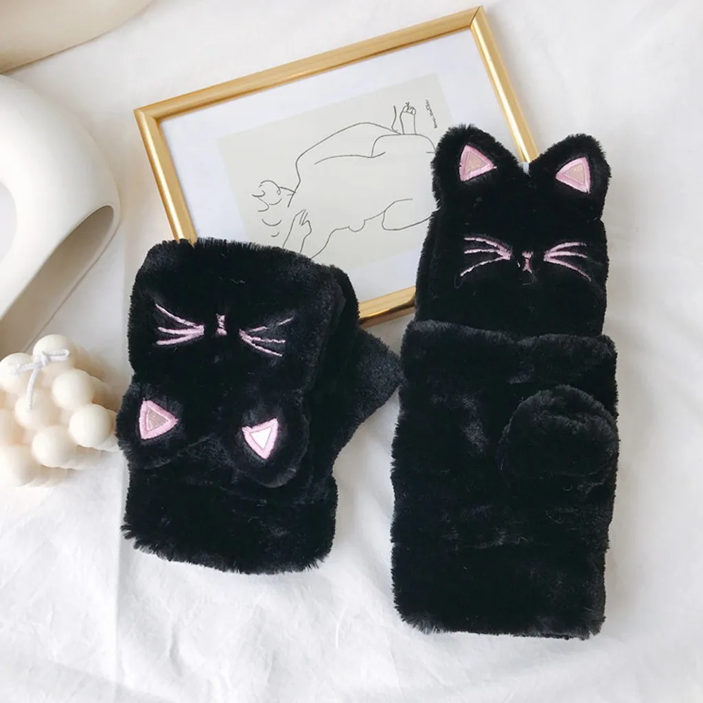 Женская милая кошачья лапа плюшевые варежки теплые мягкие плюшевые модные женские зимние милые теплые флипсовые утепленные плюшевые перчатки с котом - Цвет: Black