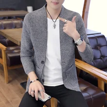 Осенний Однотонный мужской свитер-кардиган в Корейском стиле с длинными рукавами; красивая одежда из флиса в японском стиле; черный