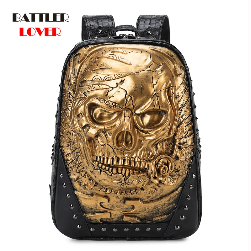 Rivet 3D Skull Skeleton Embossed Shoulder Bag For Men Travel Punk Backpacks Restore Halloween Cool Gothic Carving Style Bagpacks