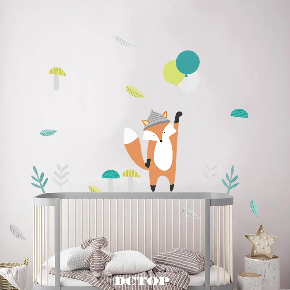 

Cartoon Fox Raccoon Squirrel Wall Decal Creative Woodland Animal Ballon Leaves Stickers For Home Kids Room Nursery Bedroom Decor