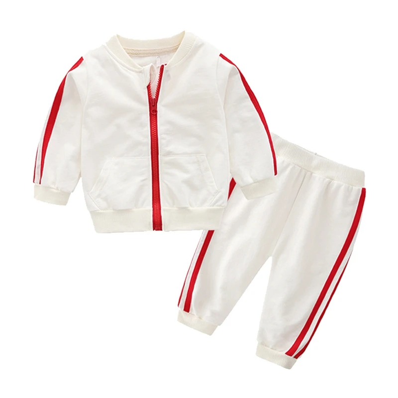 Спортивный костюм для новорожденных мальчиков и девочек спортивный костюм однотонная куртка на молнии с длинными рукавами комплект со штанами в полоску детская одежда для девочек комплекты спортивной одежды - Цвет: White