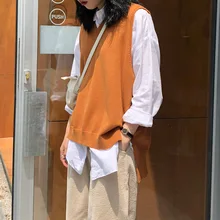 Одноцветный вязаный жилет с v-образным вырезом для женщин, осень, Корейская версия, свободные свитера без рукавов для студентов