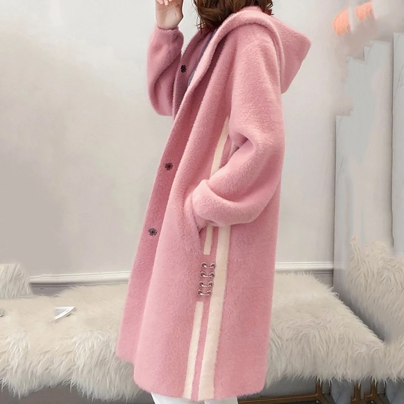 Светодиодная лампа направленного света вязаное пальто Женская длинная куртка осенний свободный шерстяной кардиган модное пальто с капюшоном Женское пальто AN364