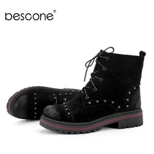 BESCONE/женские ботинки на шнуровке; зимняя однотонная обувь ручной работы на среднем каблуке 4 см; повседневные женские ботинки с круглым носком на квадратном каблуке; BC256
