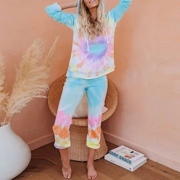 

Women Hooded Pajamas Suit Round-neck Long-sleeved Trousers Printed Home Service Suit 2020 New Arrivals