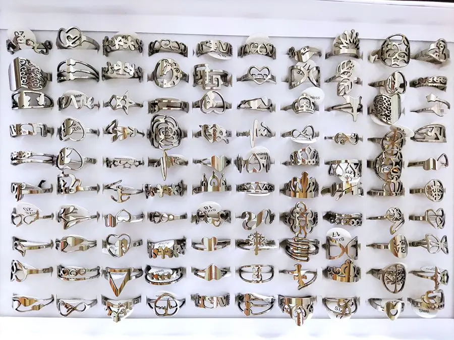 Wholesale Bulk 100pcs/lot Laser Cutting Pattern Mix Stainless Steel Rings Women Party Ring 5