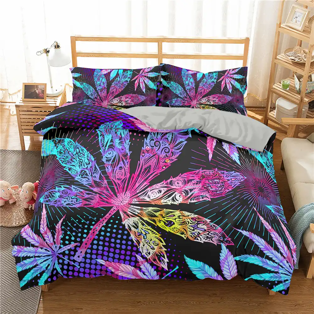 Homesky jogo de cama de folhas tropicais, conjunto de cama de caseiro com folhas de maconha, tamanho queen, capa de edredão conjunto de