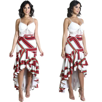 

2019 Casual Women Clothing Red Geometric Pattern Print Hip Stitching Long Skirt High Waist Fishtail Front Short Irregular Skirt