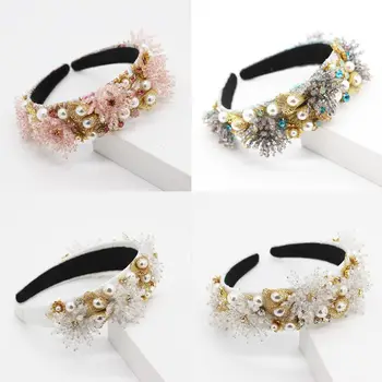 

Baroque Retro Women Geometric Bandana Luxury Faux Crystal Beaded Flower Hair Hoop Banquet Wedding Pearl Jewelry Headband