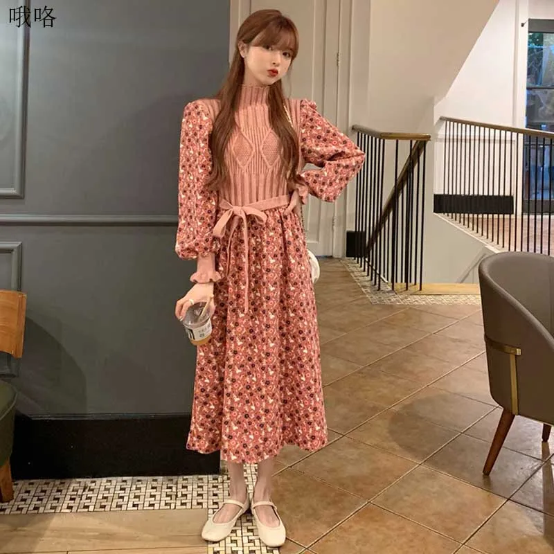 

French Women'S Hedging Floral Dress One-Piece Korean Woman Splicing Fake Two Pieces Knitted Sweater Dresses Winter Dress 2020