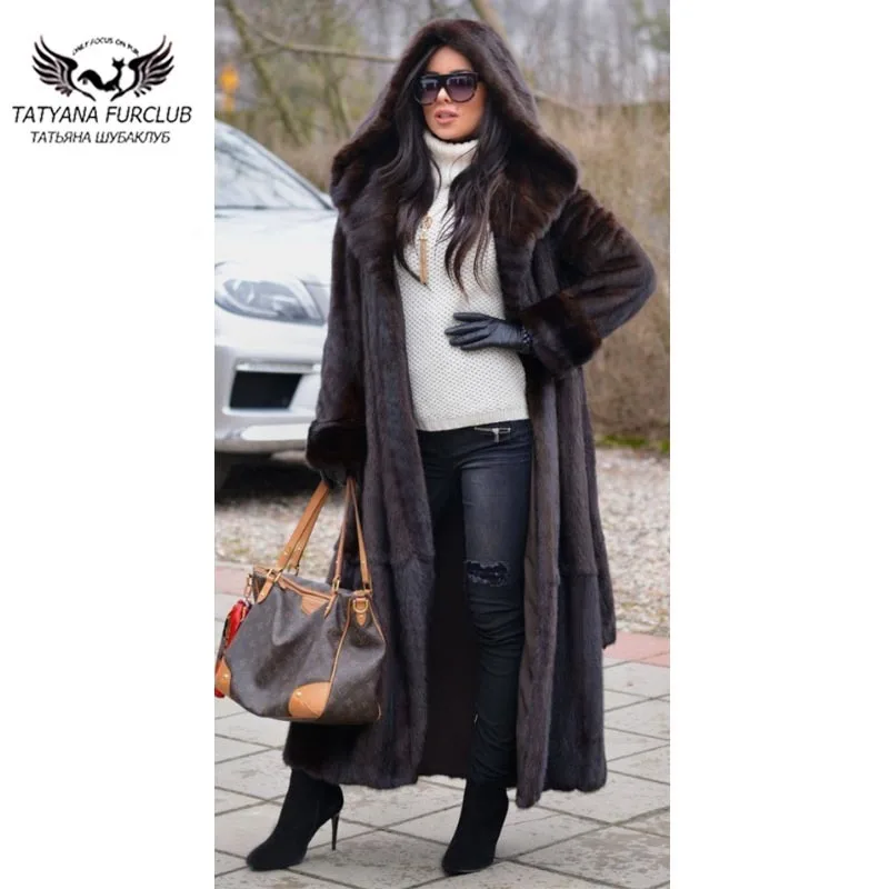 Tatyana Fashion Mink Fur Coat For Women Real Whole Skin Fur X-Long Winter Thick Warm Coat Luxury Nature manteau femme hiver
