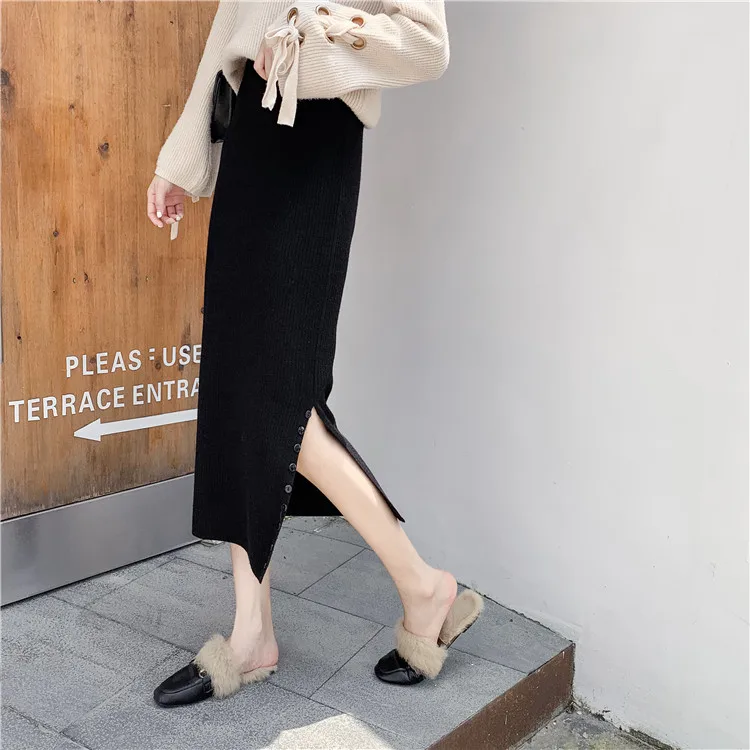 

Large size Autumn and winter clothing 2019 new large size knitted skirt fat mm200 kg side split wool wrap hip skirt