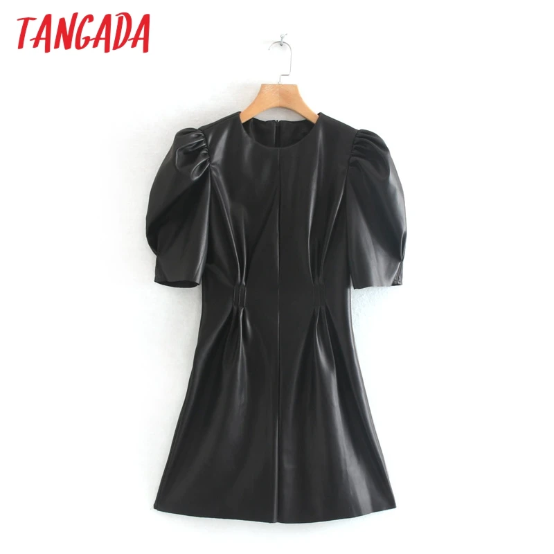 Tangada женское черное платье из искусственной кожи винтажное платье с коротким рукавом на молнии Женская плиссированная Туника мини платье 2W92