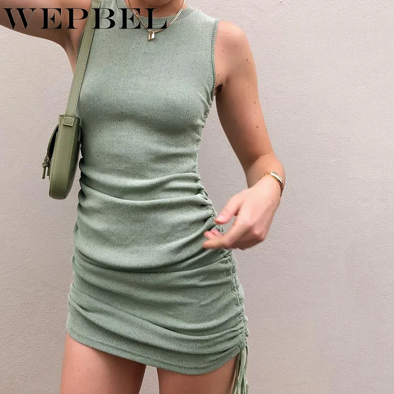 

Weppel Pure Cotton Women Dress Solid Color Sleeve Slim Fit Bodycon Dress Drawstring Pleated Sexy Slim Fit Vest Dress Midi Dress