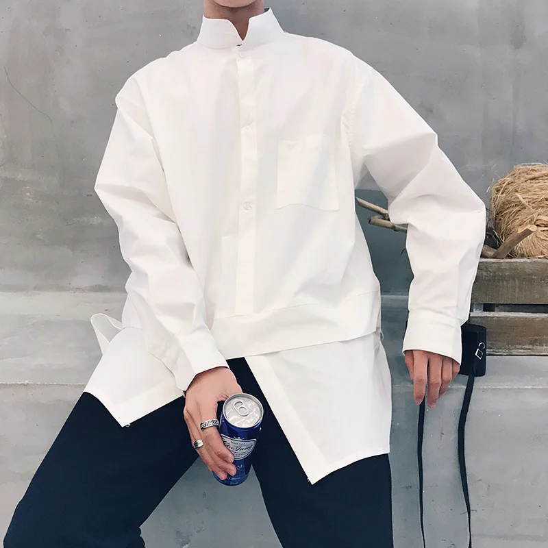 Long sleeve shirt Men long sleeve shirts tide design pullover shirt for male false two pieces folded tops loose autumn