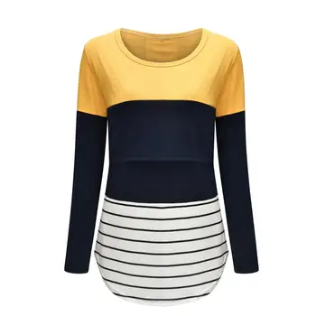 

Lace stripe stitching long-sleeved breastfeeding top T-shirt Long sleeve feeding Lightweight autumn maternity dress
