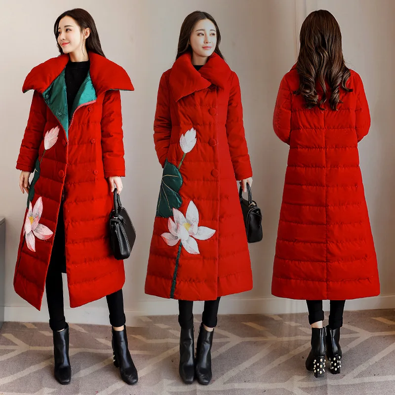 

2018 Winter New Style Embroidered Joint Gold Velvet Cotton-padded Clothes Korean-style-Style Retro National Wind Long over-the-K
