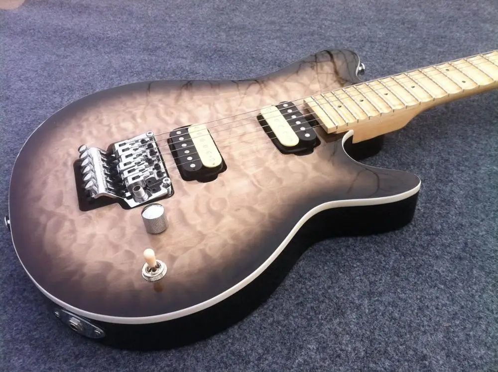 

Brownburst color quilted maple top electric guitar guitarra single top binding zebra type hh pickups tremolo bridge guitar guitarra free shipping
