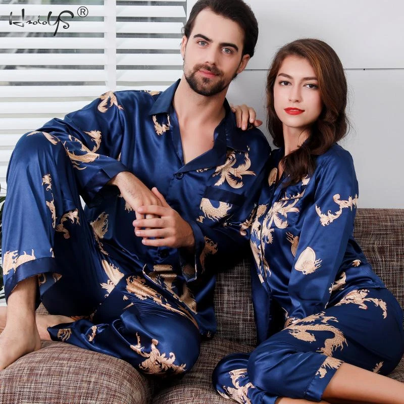 Women Mens Silk Satin Pajama Set Couples Long Sleeve Sleepwear Homewear Robes Pj