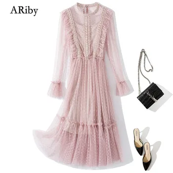 

ARiby Elegant Lady Dress 2020 Spring and Summer New Lace Perspective Polka Dot Mesh Elastic Waist with Suspender Dress Vestido