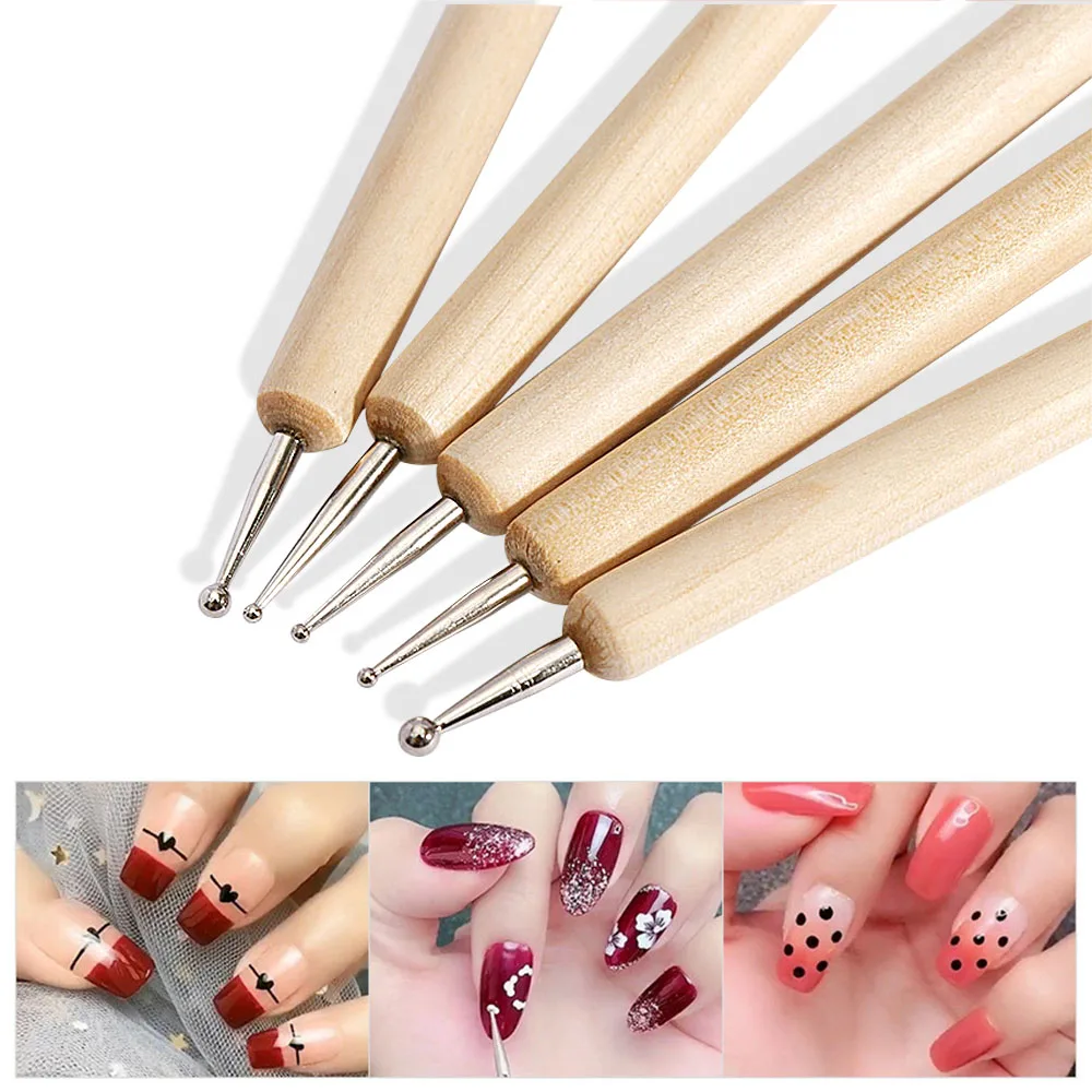5 Pcs/set Nail Art Pen 2 In 1 Double Ends Dotting Drawing Pen Wooden