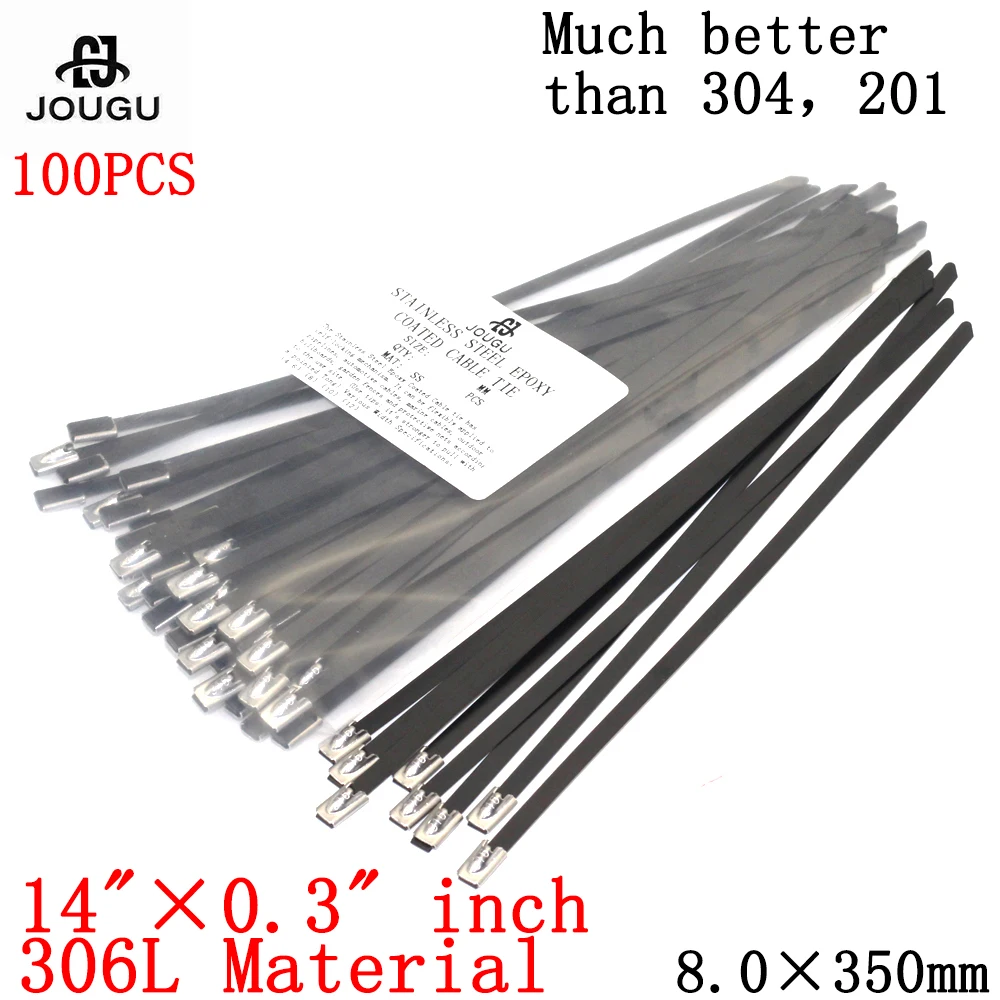 

stainless steel Cable Tie 100PCS 8×350mm 316 material black Strong epoxy coated Marine Grade Metal Ties Zip Tie Wraps Exhaust