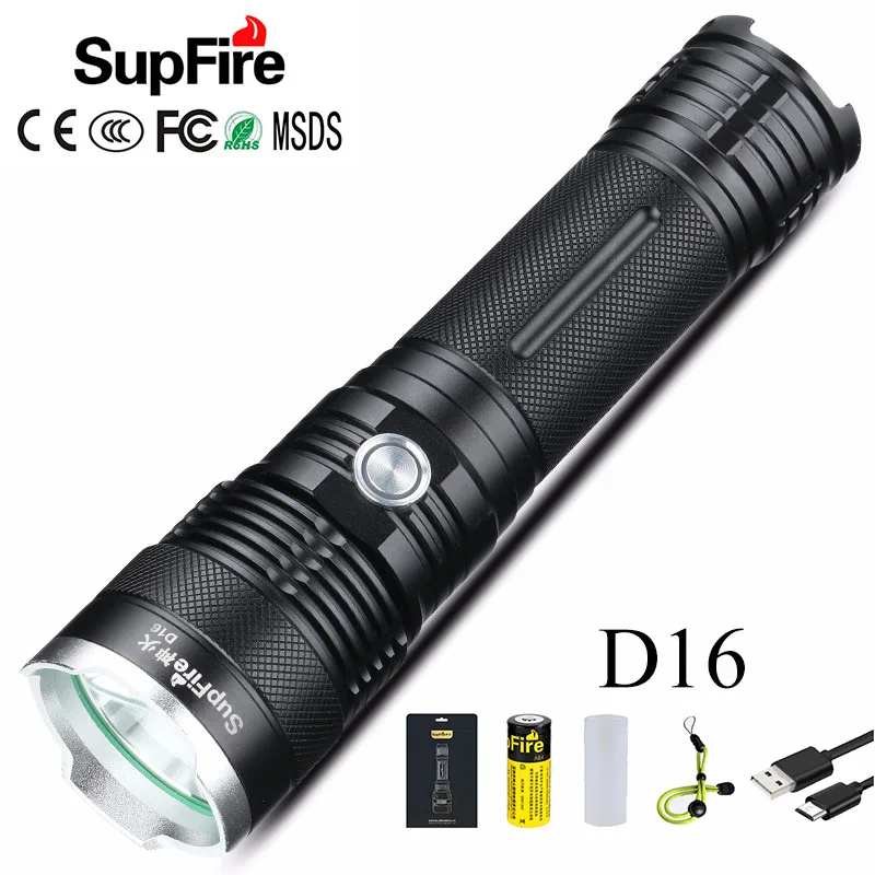 

Supfire LED Flashlight USB Linterna LED Torch Light 26650 Rechargeable Hand Lamp 3000lm D16 T Zoom Flashlight USB Power Bank