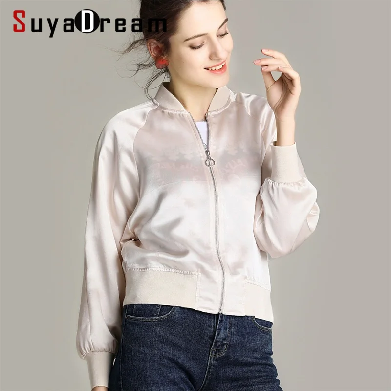 

Women Silk Jacket 16mm 100% REAL SILK SATIN Casual Zipper Jackets For Women 2019 Spring New Outwear Champagne
