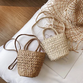 

Rattan Women Summer Beach Shoulder Bags Straw Weave Bucket Bags Handbags Totes Casual Handbags Retro Mini Shoulder Bag