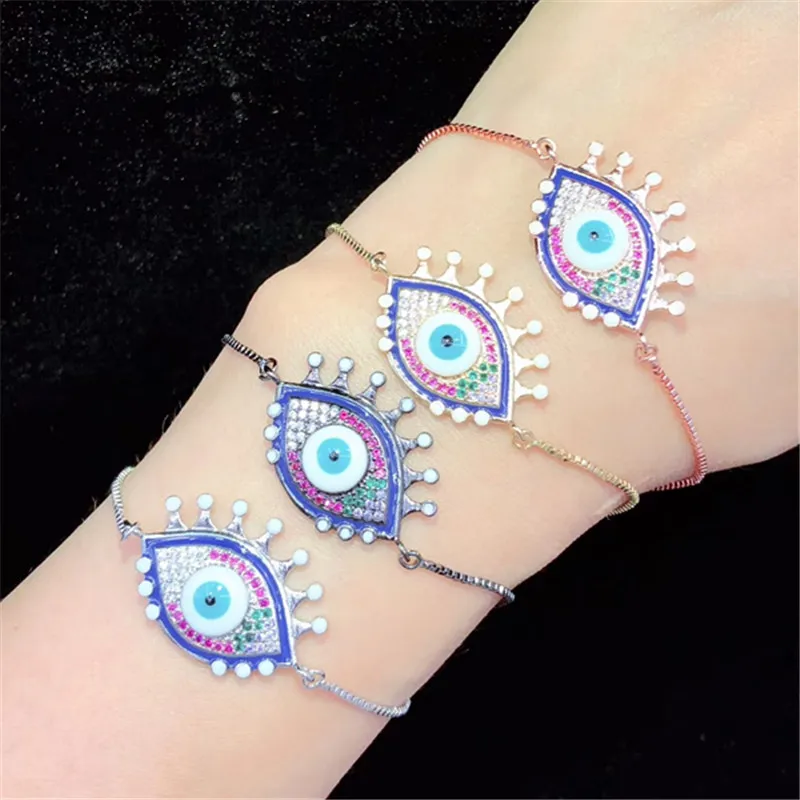 10pcs/lot Mixed Colors Brass Bracelet Pave Rainbow Cubic Zirconia Turkey Evil Eye Adjustable Bracelet Fashion Jewelry