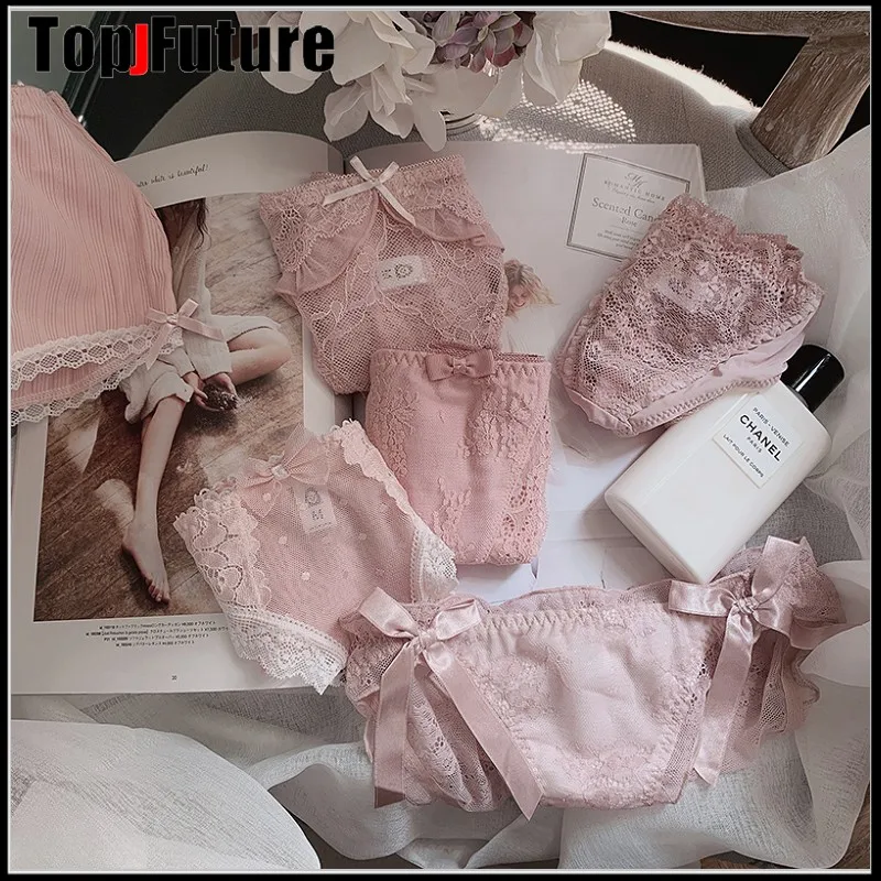 

Pink underwear female lace Japanese mid low waist sexy transparent mesh sweet and lovely girl Pure Cotton Briefs