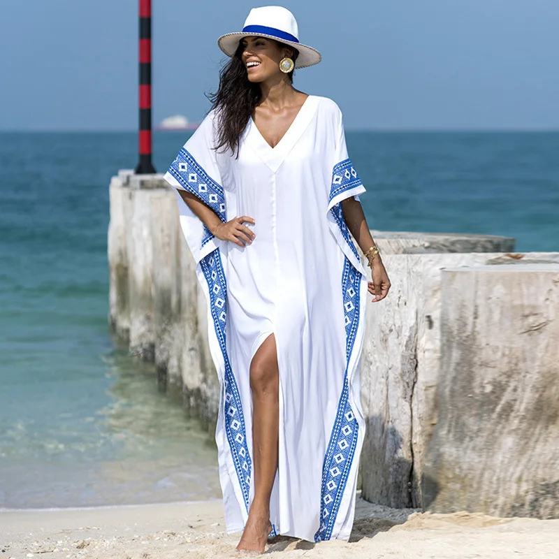 summer beach maxi dresses Fashion Embroidered Robe Blouse Summer European And American Style White Loose V-neck Beach Sunscreen Clothing Women crochet bathing suit cover up