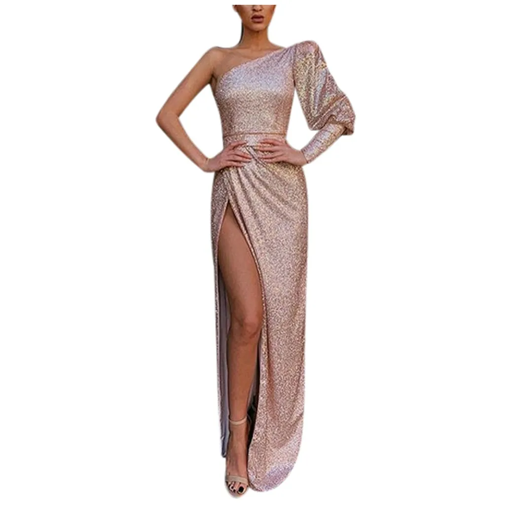 

Ladies Shoulder Long Sleeve High Split Dress Summer And Ground Dress Party Ball Sexy Solid Color Shiny Dress Z1121
